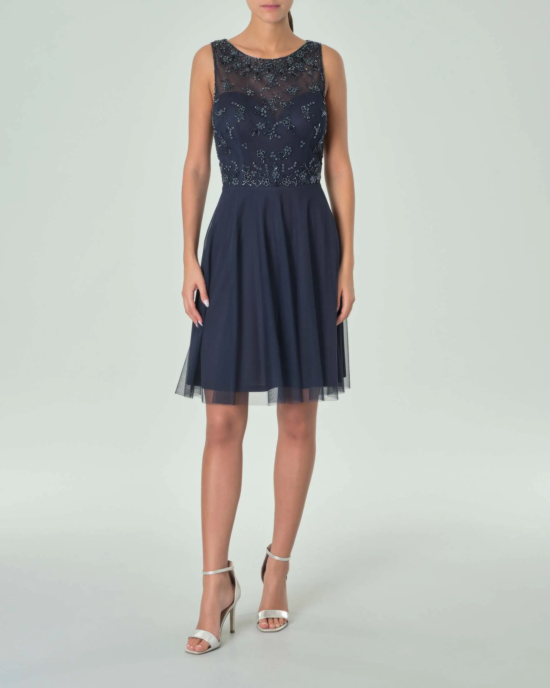 Abito corto blu navy in tulle senza maniche con corpetto ricamato in perline tono su tono