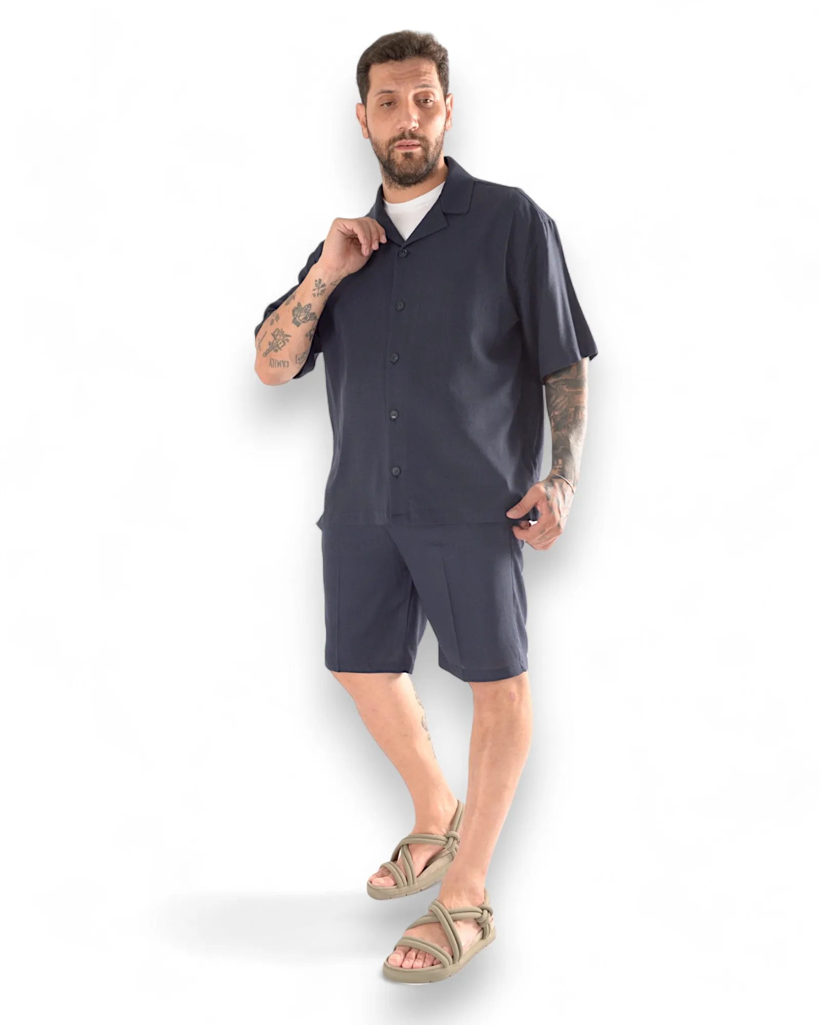 Coordinato shorts MARK in lino blu scuro