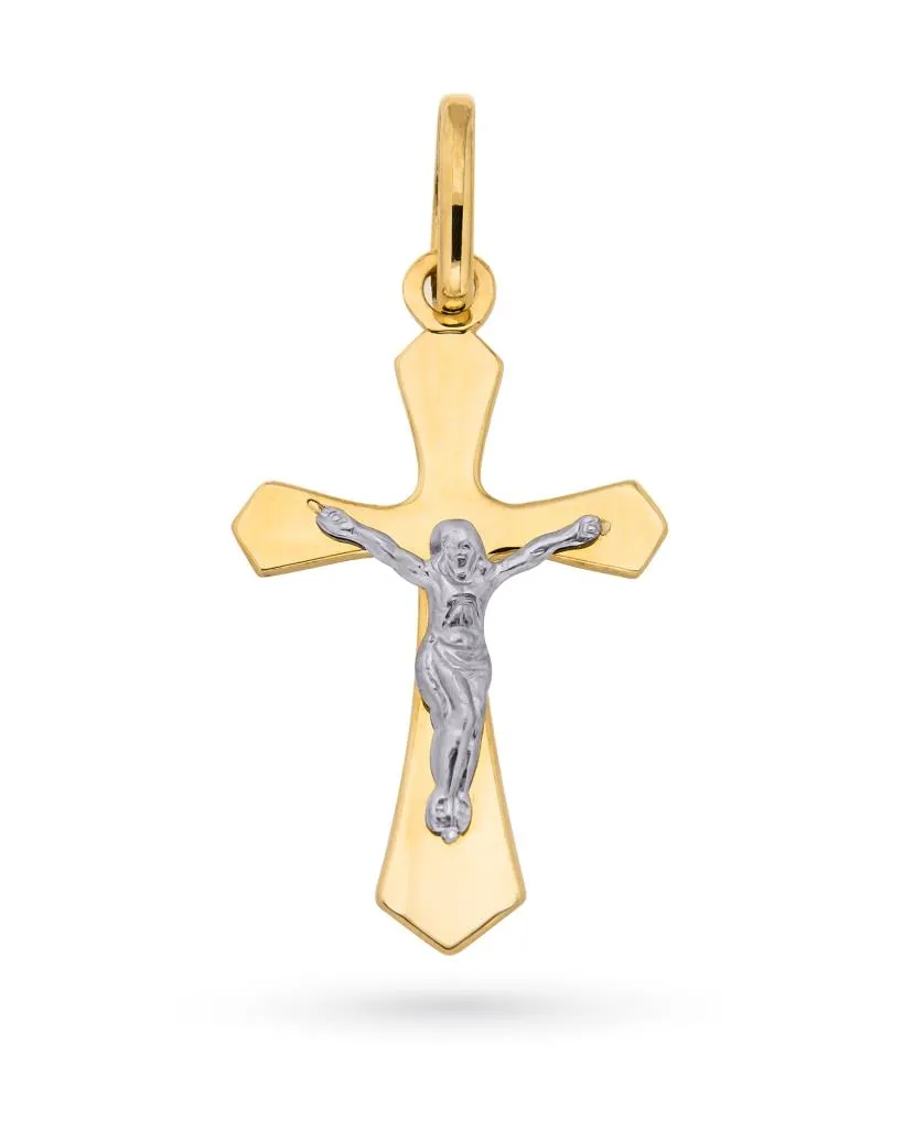 Croce con Cristo crocifisso in oro giallo e oro bianco