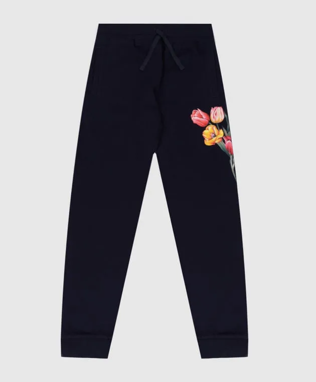 Dolce&Gabbana Joggers blu da bambino con stampa floreale L5JPE4G7NNZ56