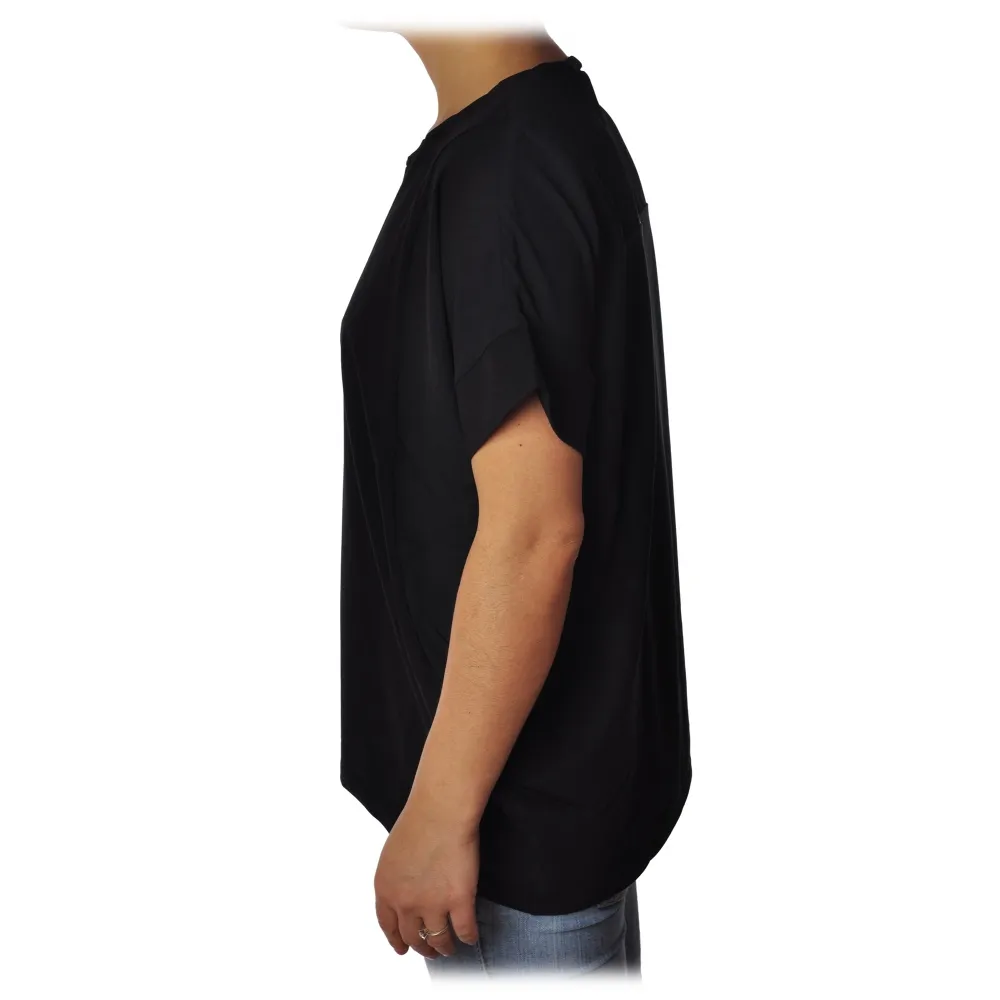 Liu Jo - T-Shirt Oversized con Motivo sul Collo - Nero - T-Shirt - Made in Italy - Luxury Exclusive Collection