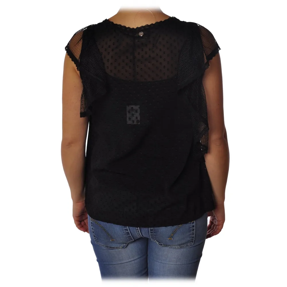 Liu Jo - Top con Dettagli in Pizzo e Volant - Nero - Top - Made in Italy - Luxury Exclusive Collection