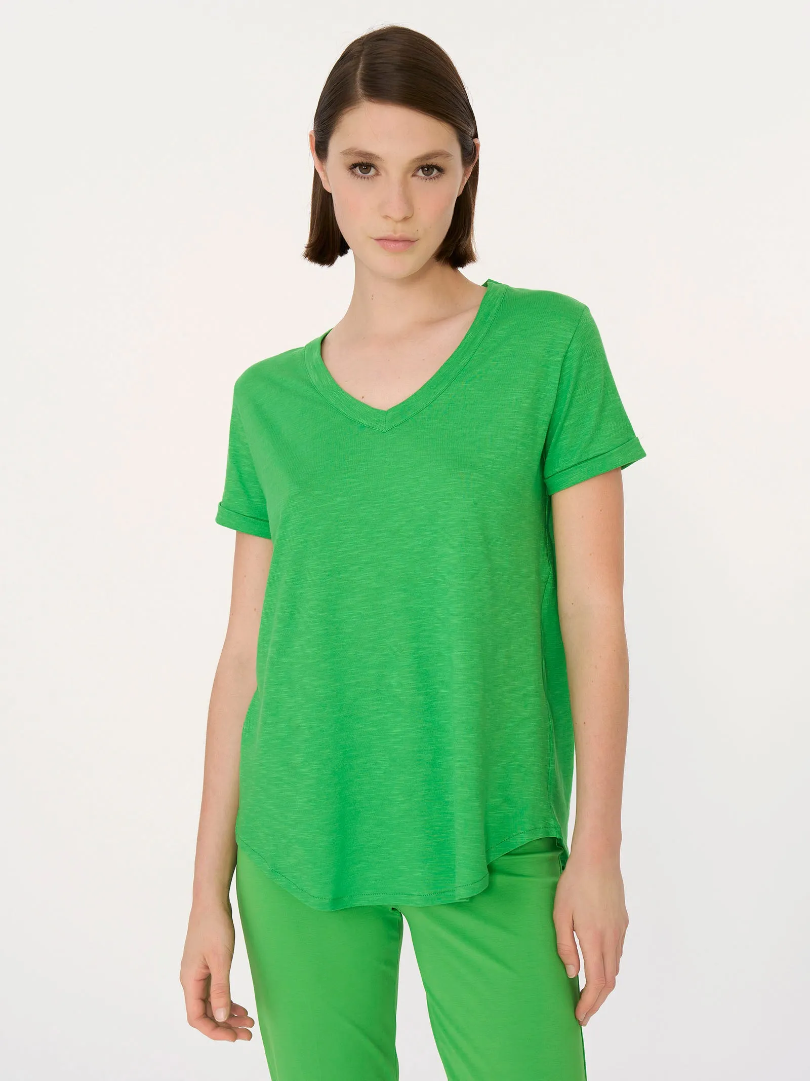 Maglietta con Scollo a V in slub jersey di cotone - Classic Green