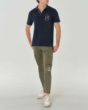 Polo blu mezza manica in cotone stretch con ricami Frecce Tricolori