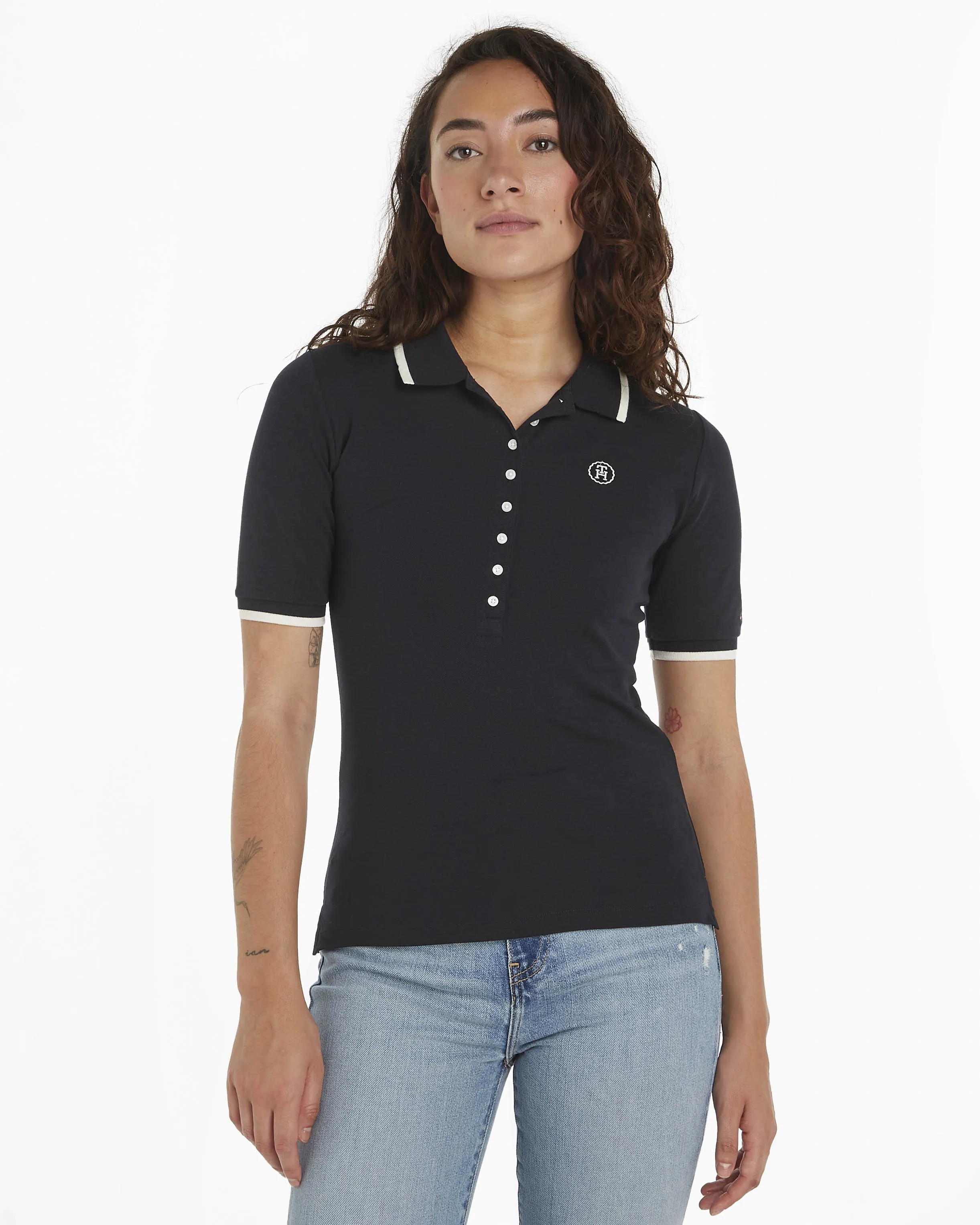 Polo blu slim fit in lyocell e cotone con stemma logo e profili bianchi