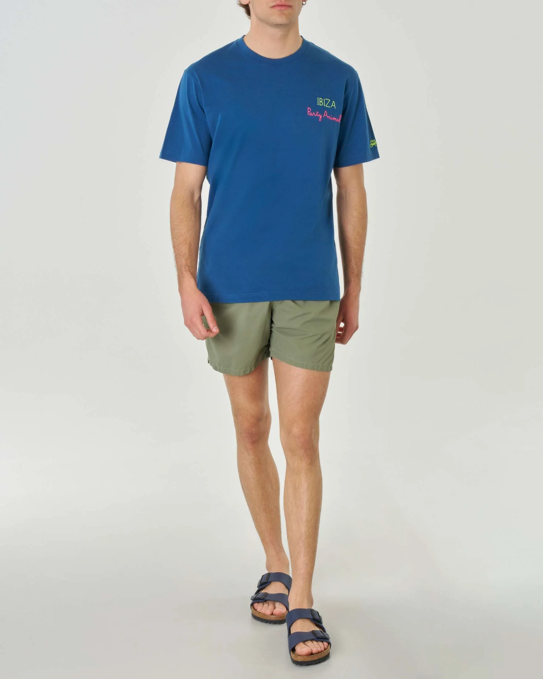 T-shirt blu indaco mezza manica in cotone con ricamo Ibiza sul petto