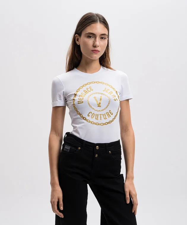 Versace Jeans Couture T-shirt bianca con logo V-Emblem 77HAHT02CJ03T