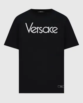 Versace T-shirt nera con ricamo logo 10125451A09028